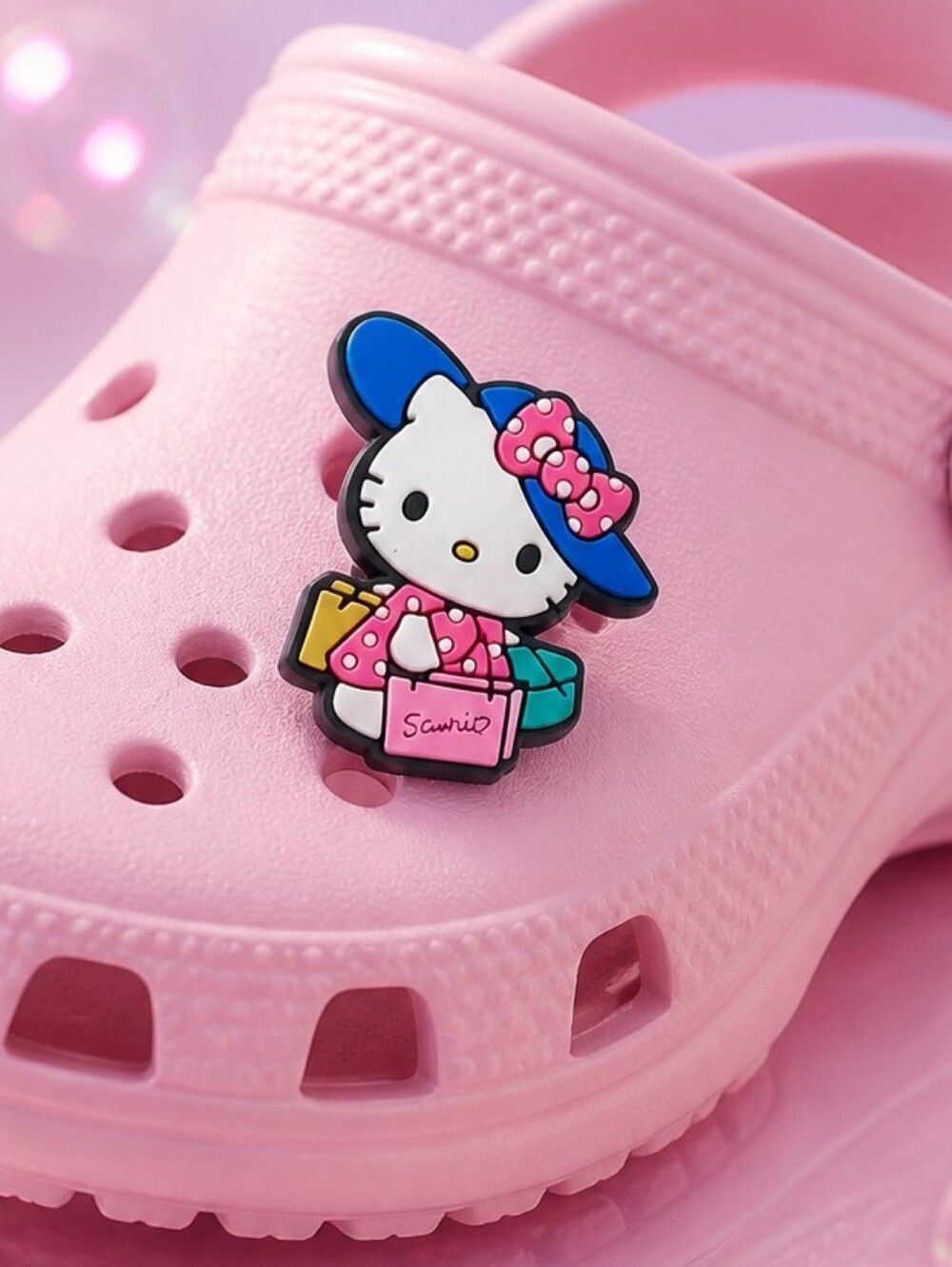 Hello Kitty Shopping Croc Charm Blue Hat Pink Dress Kawaii Cute Jibbitz Preppy